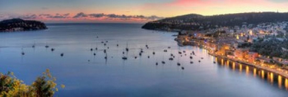 Elevated view of a city at dusk Villefranche-Sur-Mer Alpes-Maritimes Provence-Alpes-Cote dAzur France Canvas Art - Panoramic Images (18 x 6)