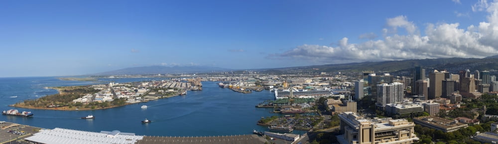 Elevated view of a city at the waterfront Honolulu Oahu Hawaii USA Canvas Art - Panoramic Images (36 x 12)