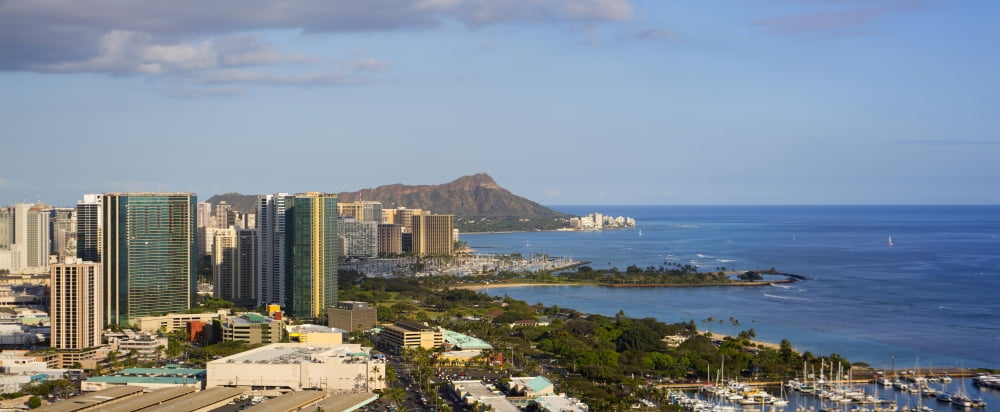 Elevated view of a city at the waterfront Honolulu Oahu Hawaii USA Canvas Art - Panoramic Images (36 x 12)