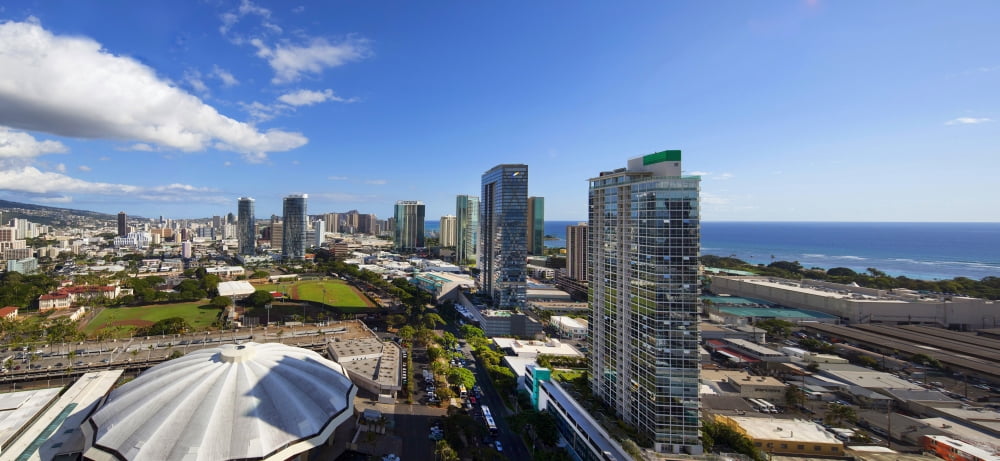 Elevated view of a city on the coast Honolulu Oahu Hawaii USA Canvas Art - Panoramic Images (36 x 12)