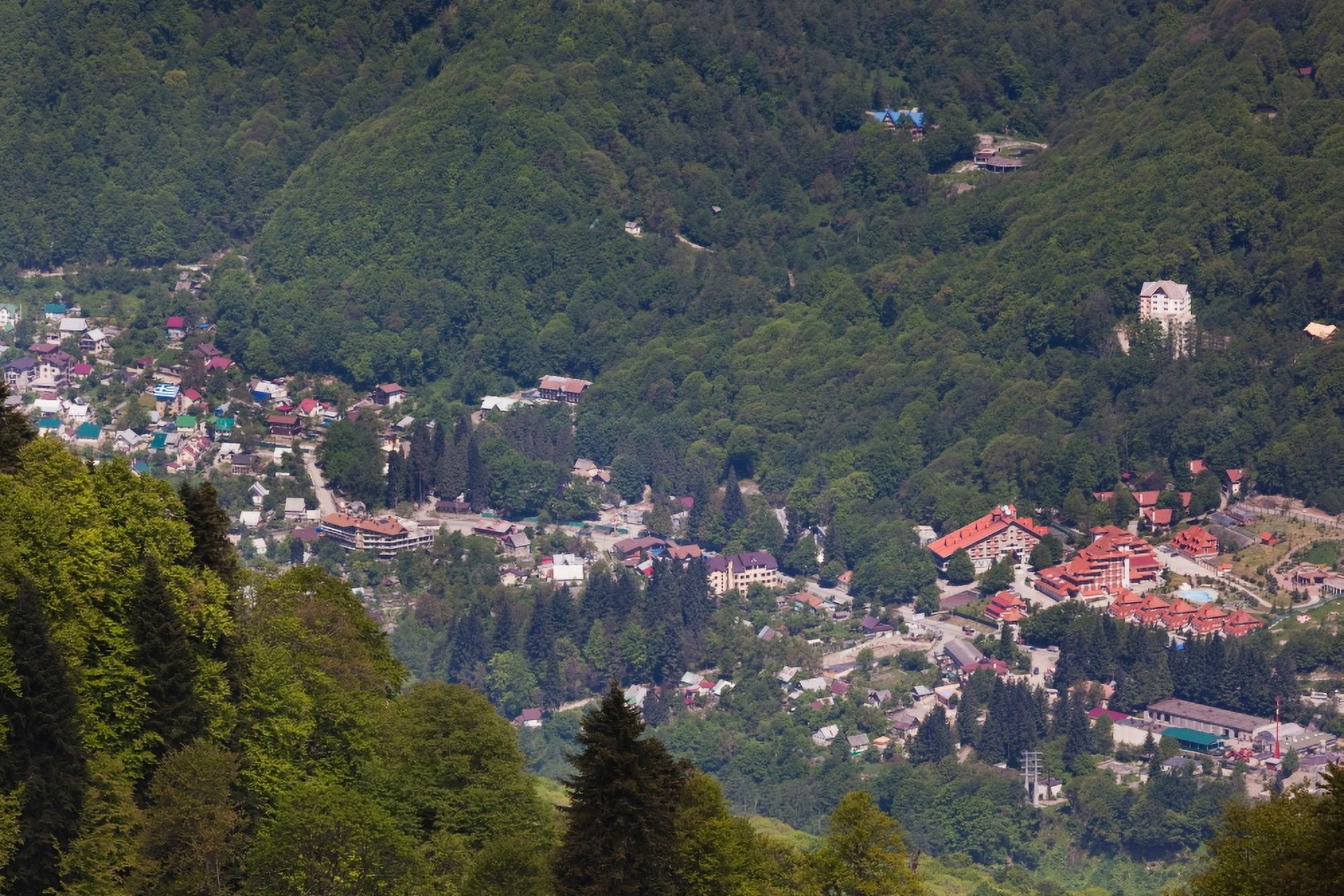 Elevated view of a town Carousel Mountain Krasnaya Polyana Sochi Caucasus Mountains Russia Canvas Art - Panoramic Images (27 x 9)