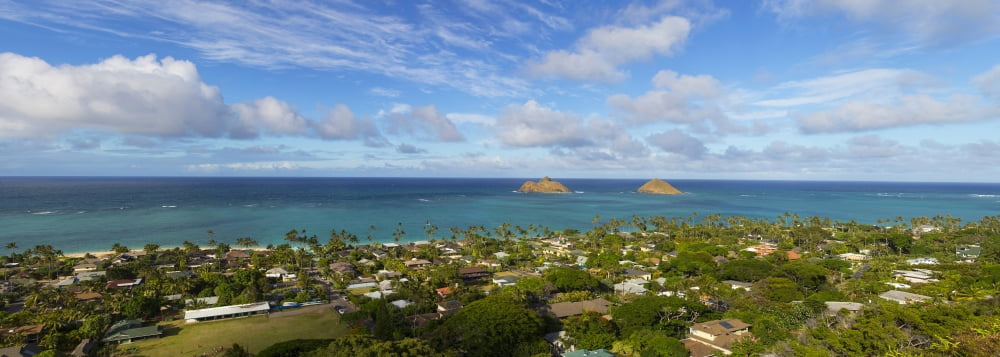 Elevated view of a town at waterfront Lanikai Mokulua Islands Oahu Hawaii USA Canvas Art - Panoramic Images (36 x 12)