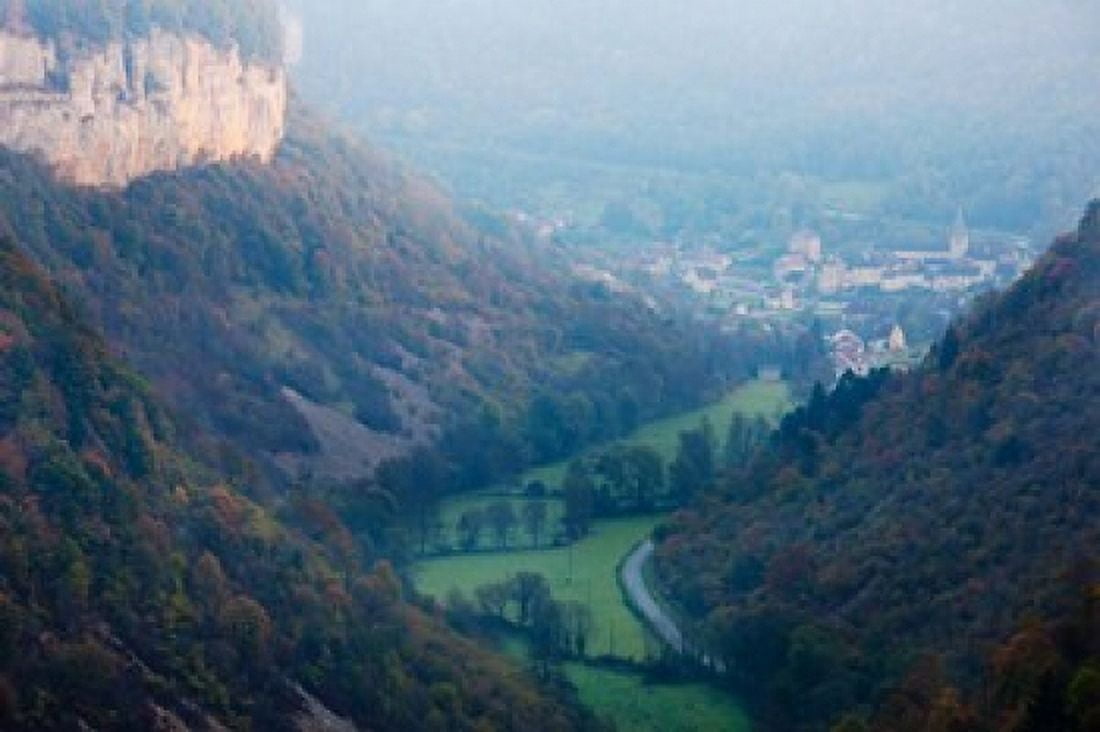 Elevated view of a village at morning Baume-les-Messieurs Les Reculees Jura Franche-Comte France Canvas Art - Panoramic Images (36 x 24)