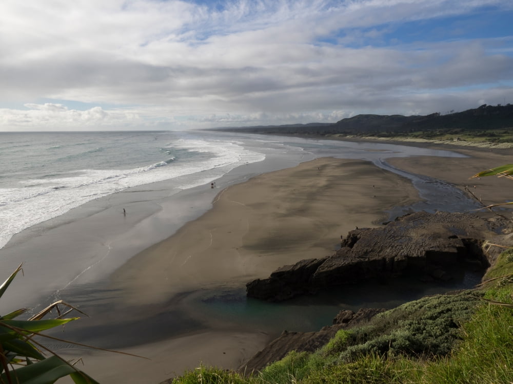 Elevated view of beach against cloudy sky Muriwai Auckland North Island New Zealand Canvas Art - Panoramic Images (24 x 36)
