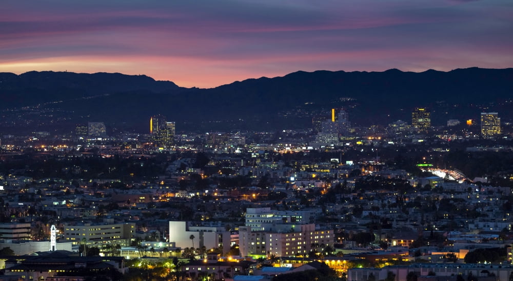 Elevated view of buildings at dusk Culver City Los Angeles County California USA Canvas Art - Panoramic Images (12 x 36)