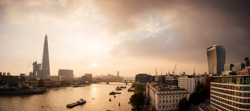 Elevated view of buildings at the waterfront during sunset City of London Southwark London England Canvas Art - Panoramic Images (7 x 15)