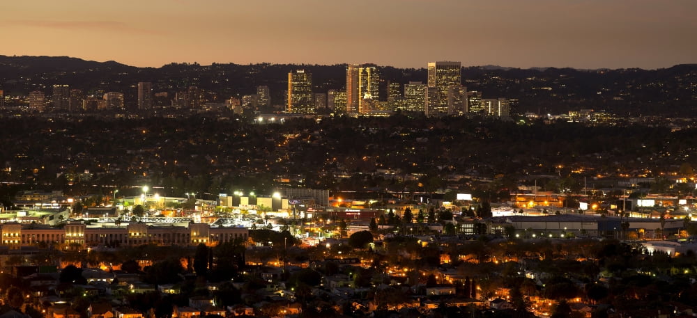 Elevated view of buildings lit up at dusk Century City Los Angeles California USA Canvas Art - Panoramic Images (20 x 9)