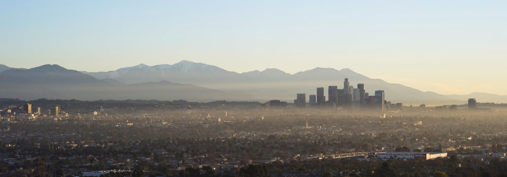 Elevated view of city at dusk Downtown Los Angeles Los Angeles California USA Canvas Art - Panoramic Images (12 x 36)