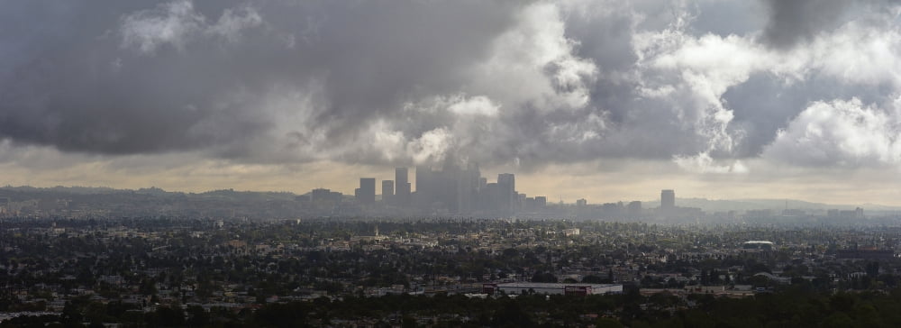 Elevated view of city at dusk Downtown Los Angeles Los Angeles California USA Canvas Art - Panoramic Images (36 x 12)