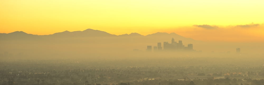 Elevated view of city at dusk Downtown Los Angeles Los Angeles California USA Canvas Art - Panoramic Images (36 x 12)