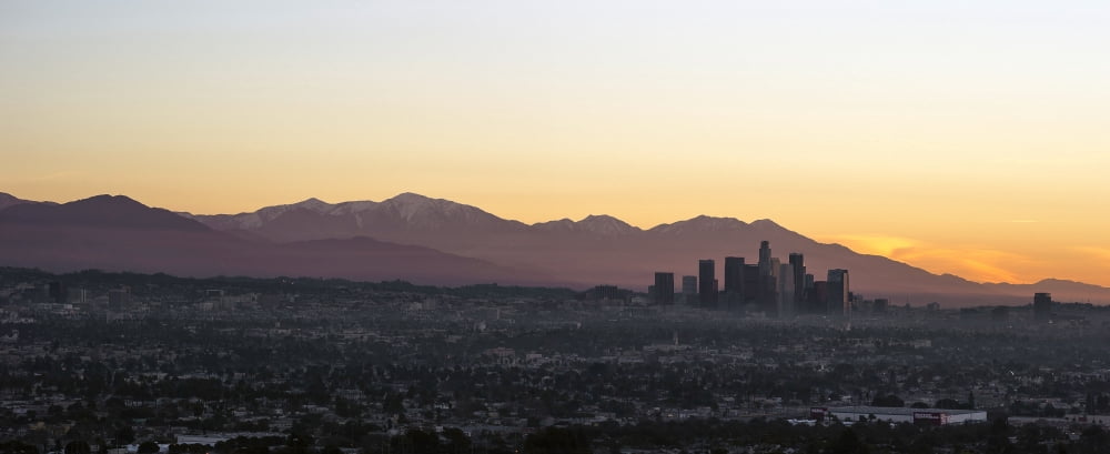 Elevated view of city at dusk Downtown Los Angeles Los Angeles California USA Canvas Art - Panoramic Images (36 x 12)