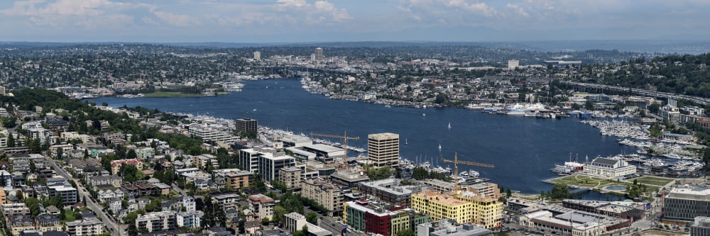 Elevated view of city at waterfront Lake Union Seattle King County Washington State USA Canvas Art - Panoramic Images (27 x 9)