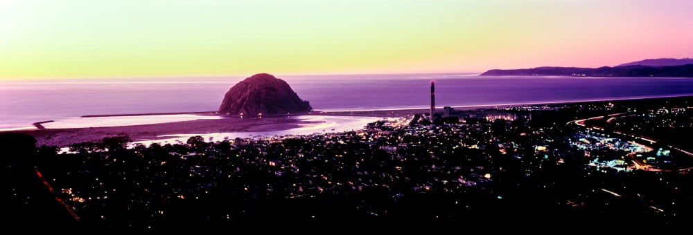 Elevated view of city at waterfront during sunset Morro Bay San Luis Obispo County California USA Canvas Art - Panoramic Images (13 x 36)