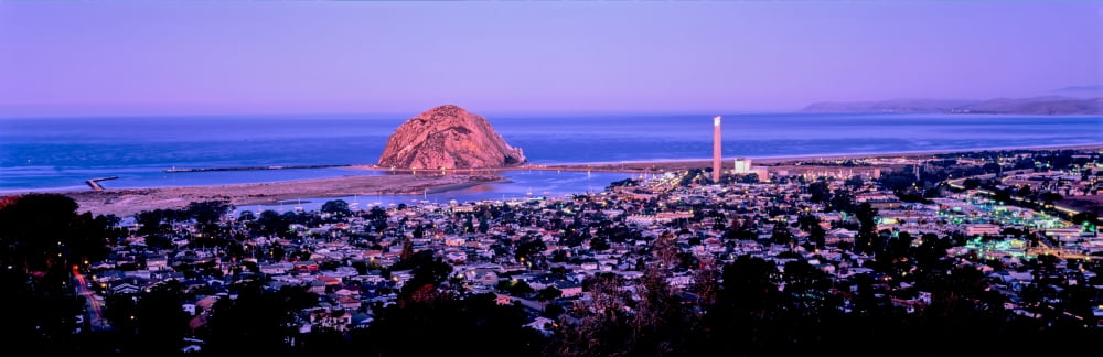 Elevated view of city at waterfront during sunset Morro Bay San Luis Obispo County California USA Canvas Art - Panoramic Images (6 x 18)