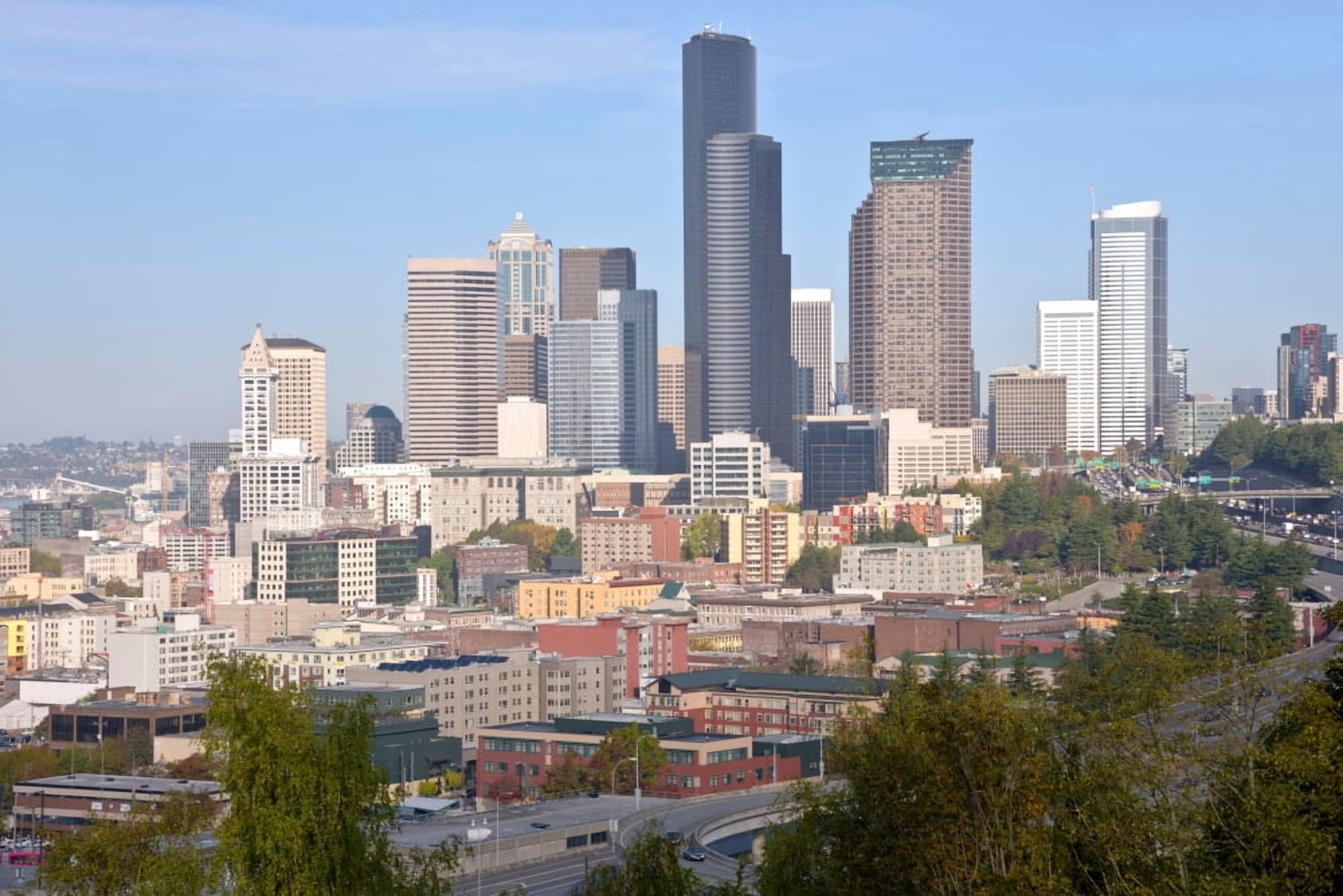 Elevated view of cityscape Seattle Washington State USA Canvas Art - Panoramic Images (24 x 36)