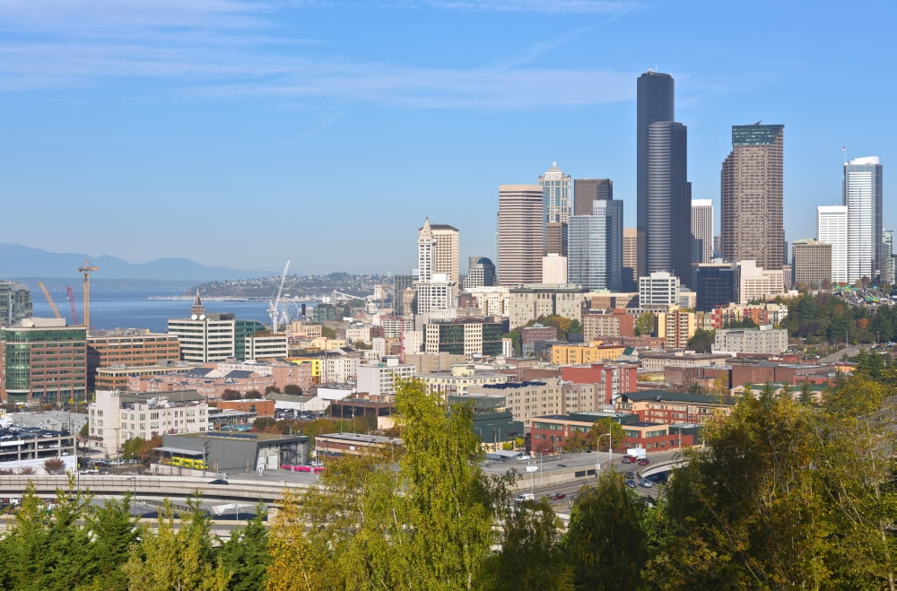 Elevated view of cityscape Seattle Washington State USA Canvas Art - Panoramic Images (24 x 36)