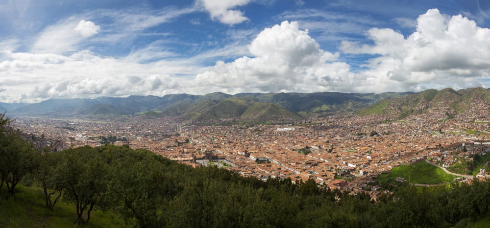 Elevated view of cityscape from Saksaywaman Cusco Urubamba Province Cusco Region Peru Canvas Art - Panoramic Images (12 x 36)