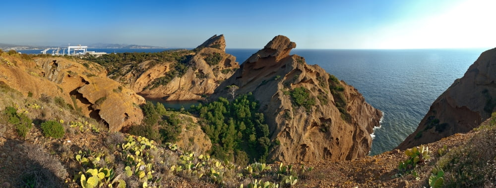 Elevated view of cliffs at coast La Ciotat Figuerolles Bouches-du-Rhone Provence-Alpes-Cote DAzur France Canvas Art - Panoramic Images (27 x 9)