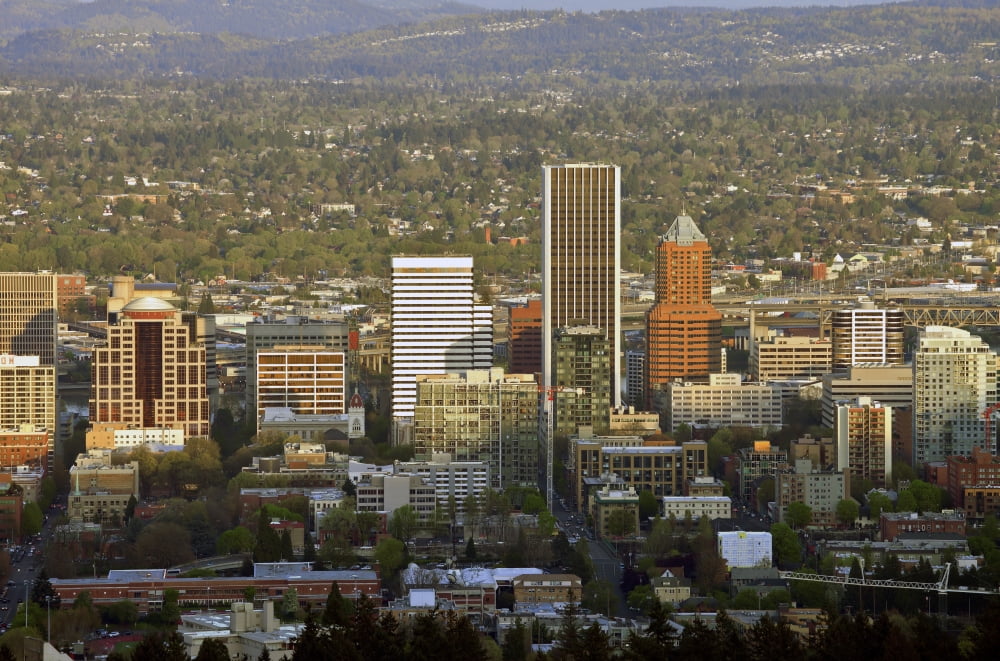 Elevated view of downtown skyline from Pittock Mansion Portland Oregon USA Canvas Art - Panoramic Images (12 x 36)