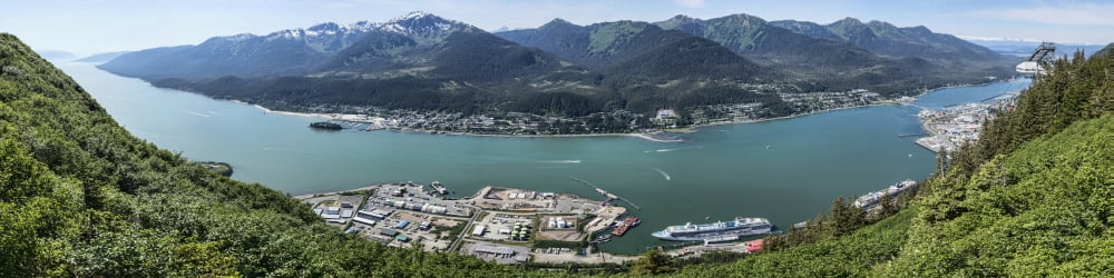Elevated view of harbor with Mount Roberts in the background Juneau Southeast Alaska Alaska USA Canvas Art - Panoramic Images (48 x 12)