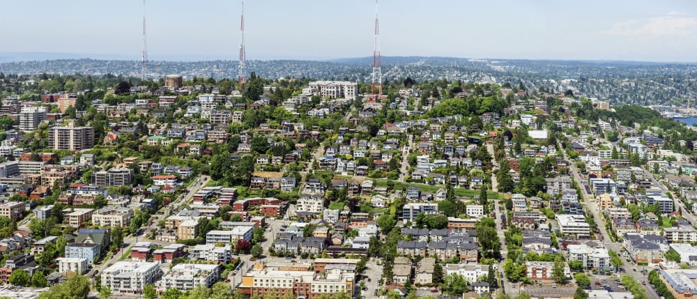 Elevated view of houses Queen Anne Hill Seattle King County Washington State USA Canvas Art - Panoramic Images (36 x 12)