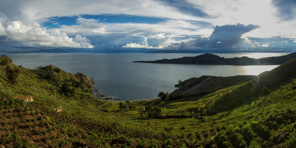 Elevated view of islands in a lake Isla Del Sol Lake Titicaca Bolivia Canvas Art - Panoramic Images (12 x 36)