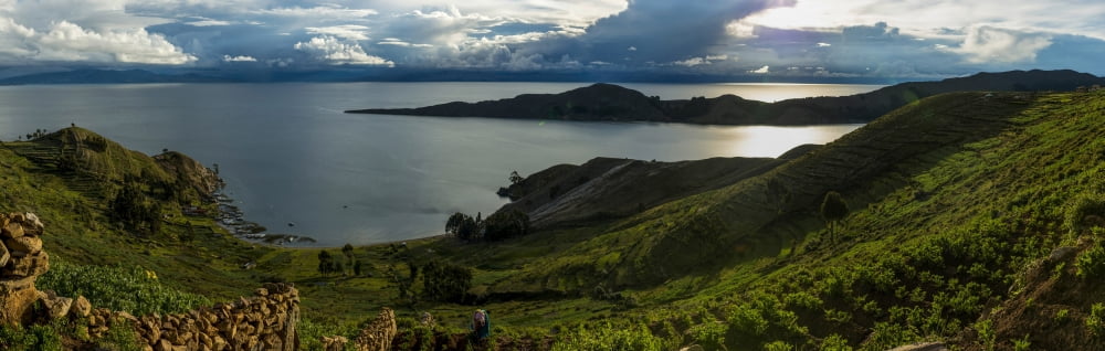 Elevated view of islands in a lake Isla Del Sol Lake Titicaca Bolivia Canvas Art - Panoramic Images (36 x 12)