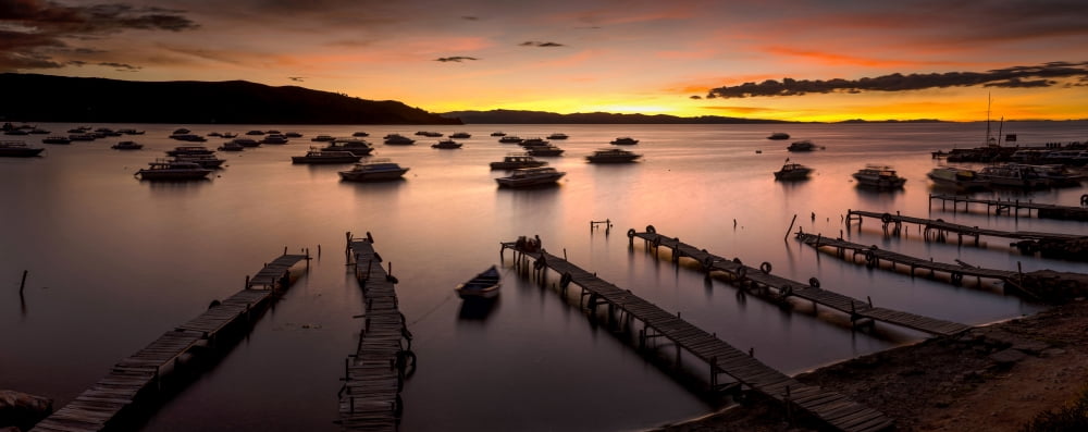 Elevated view of jetties on beach Copacabana Lake Titicaca Bolivia Canvas Art - Panoramic Images (36 x 12)