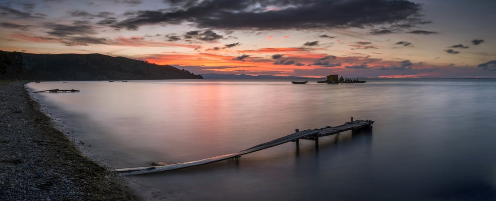 Elevated view of jetty on beach Copacabana Lake Titicaca Bolivia Canvas Art - Panoramic Images (27 x 9)