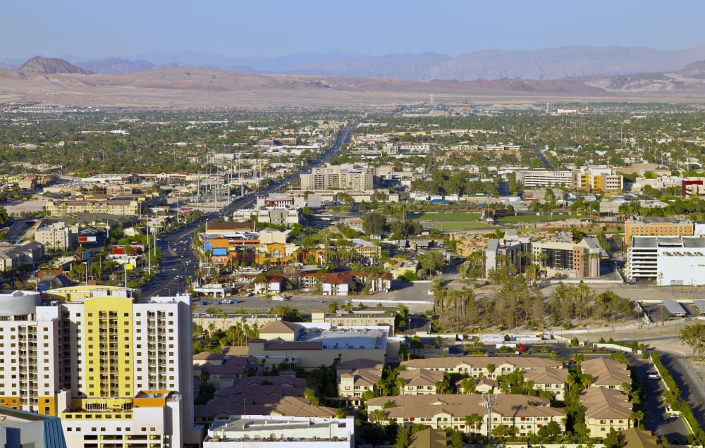 Elevated view of residences and businesses buildings Las Vegas Clark County Nevada USA Canvas Art - Panoramic Images (38 x 24)