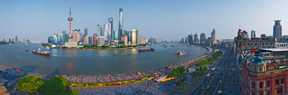Elevated view of skylines Oriental Pearl Tower The Bund Pudong Huangpu River Shanghai China Canvas Art - Panoramic Images (12 x 36)