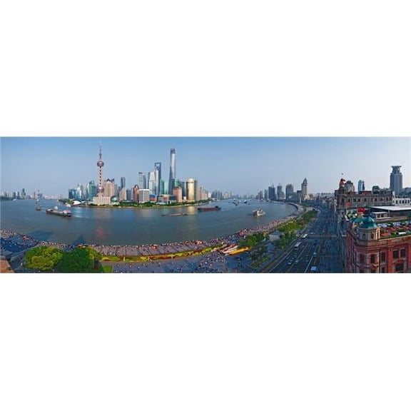 Elevated view of skylines, Oriental Pearl Tower, The Bund, Pudong, Huangpu River, Shanghai, China Poster Print (12 x 36)