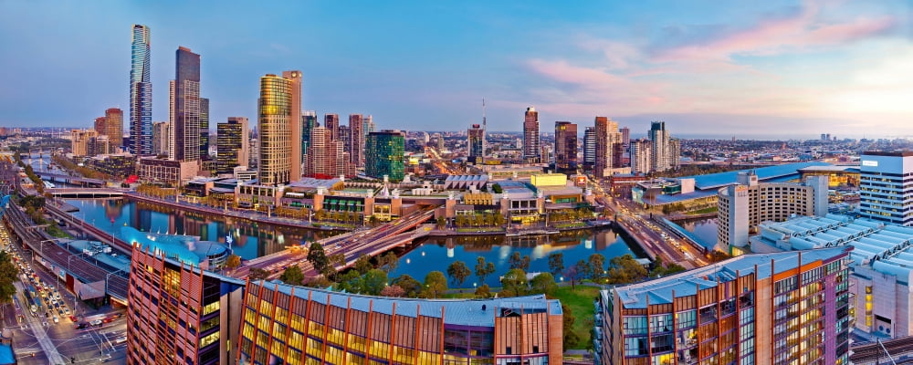 Elevated view of skyscrapers at the waterfront Melbourne City Centre Yarra River Victoria Australia Canvas Art - Panoramic Images (12 x 30)