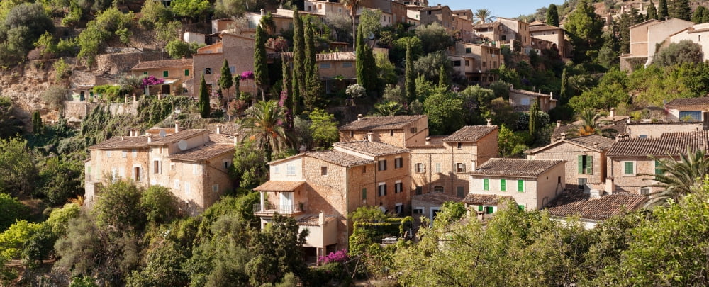Elevated view of the Deia Serra de Tramuntana Majorca Balearic Islands Spain Canvas Art - Panoramic Images (27 x 9)