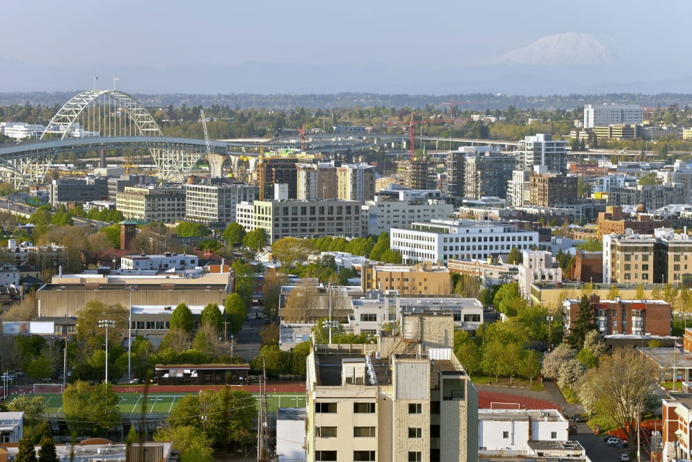 Elevated view of the Fremont Bridge and industrial area Portland Oregon USA Canvas Art - Panoramic Images (36 x 12)