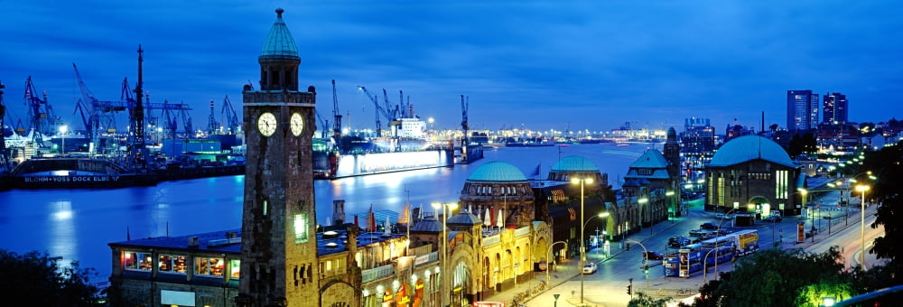 Elevated view of the St Pauli Piers and Port of Hamburg Elbe River Hamburg Germany Canvas Art - Panoramic Images (7 x 18)