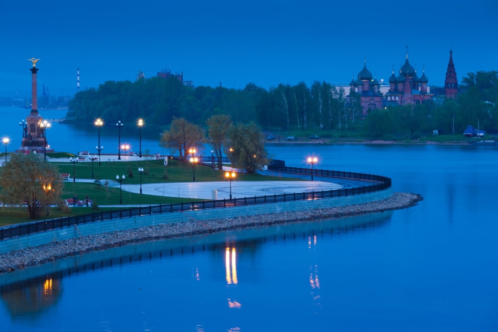Elevated view of the Strelka at evening Volga Riverfront Yaroslavl Russia Canvas Art - Panoramic Images (27 x 9)