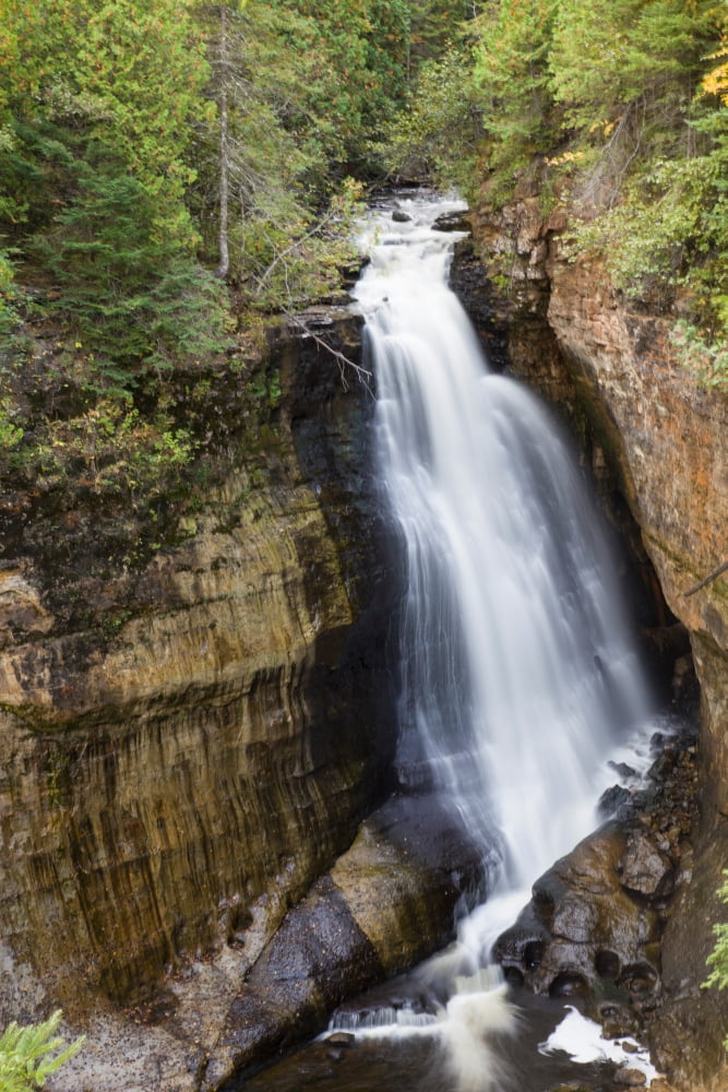 Elevated view of waterfall Miners Falls Pictured Rocks National Lakeshore Alger County Michigan USA Canvas Art - Panoramic Images (24 x 36)