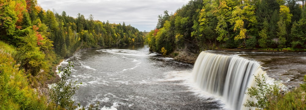 Elevated view of waterfall Tahquamenon Falls Tahquamenon Falls State Park Chippewa County Michigan USA Canvas Art - Panoramic Images (13 x 36)