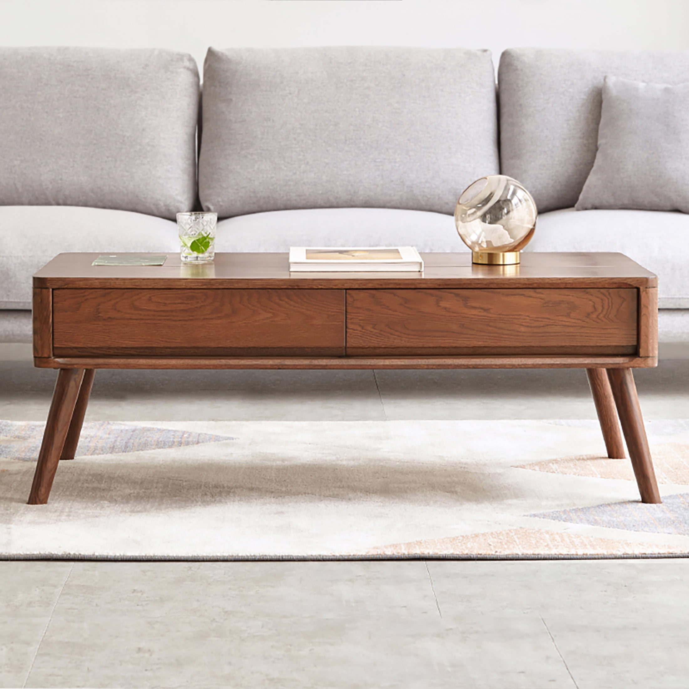 Elevating Low Coffee Table, 100% Solid Oak Wood with Storage Shelf, Easy to Assemble Study or Work from Home Table, Multifunctional Wooden Table, Walnut