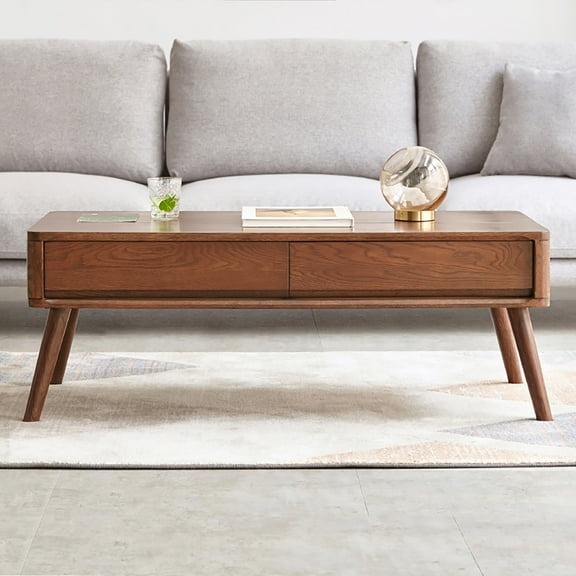 Elevating Low Coffee Table, 100% Solid Oak Wood with Storage Shelf, Easy to Assemble Study or Work from Home Table, Multifunctional Wooden Table, Walnut