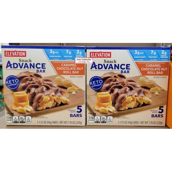 Elevation Caramel Chocolate Nut Roll Bar Snack Advance Bar Keto Support 7.76oz 220g (2 Boxes)