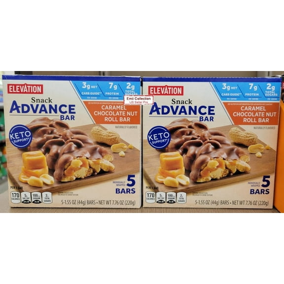 Elevation Caramel Chocolate Nut Roll Bar Snack Advance Bar Keto Support 7.76oz 220g (2 Boxes)