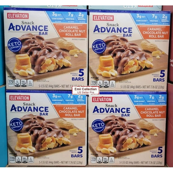 Elevation Caramel Chocolate Nut Roll Bar Snack Advance Bar Keto Support 7.76oz 220g (4 Boxes)