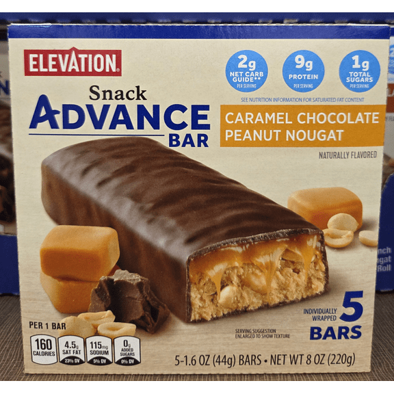 Elevation Caramel Chocolate Peanut Nougat Snack Advance Bar 8oz 220g (Single Box)