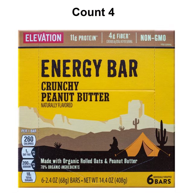 Elevation Crunchy Peanut Butter Energy Bars, 11g Protein 4g Fiber Count