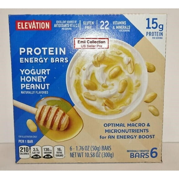 Elevation Energy Bars Yogurt Honey Peanut 6 Bars 10.58oz 300g (Single Box)