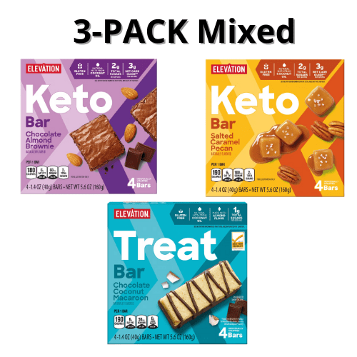 Elevation Keto Bar Mixed Chocolate Almond Brownie ,Chocolate Macaroon Salted Caramel, 4 count 3-Pack,5.6oz