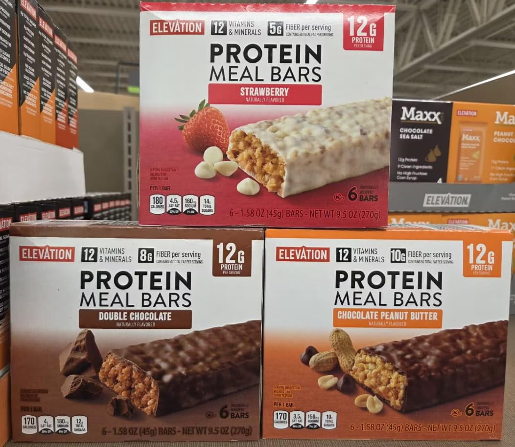 Elevation Meal Bars Double Chocolate, Strawberry, Chocolate Peanut Butter 9.5oz 270g (3 Boxes)