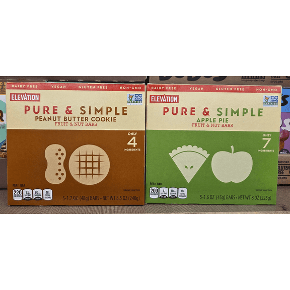 Elevation Pure & Simple Fruit & Nut Bars Peanut Butter Cookie & Apple Pie 8oz 225g (2 Boxes)